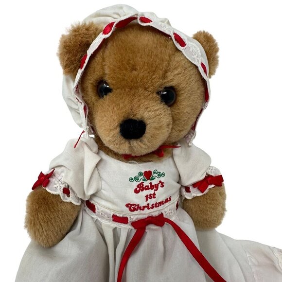 Vintage 1st Christmas Teddy Bear By Dakin 1983 White Red Dress Bonnet Babys - Picture 2 of 12